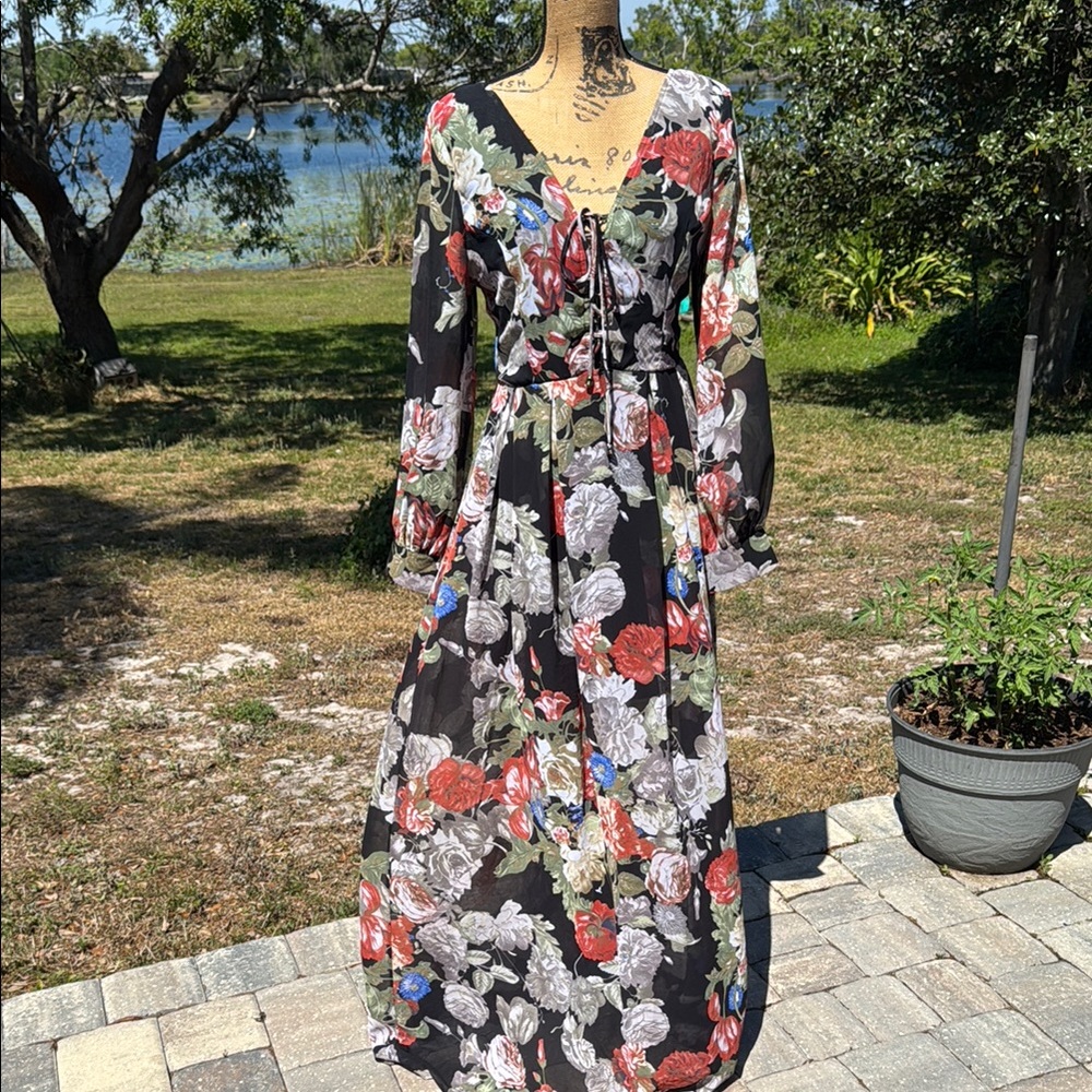 NWOT She + Sky Floral Black Silk Blend Maxi Dress Size Medium
